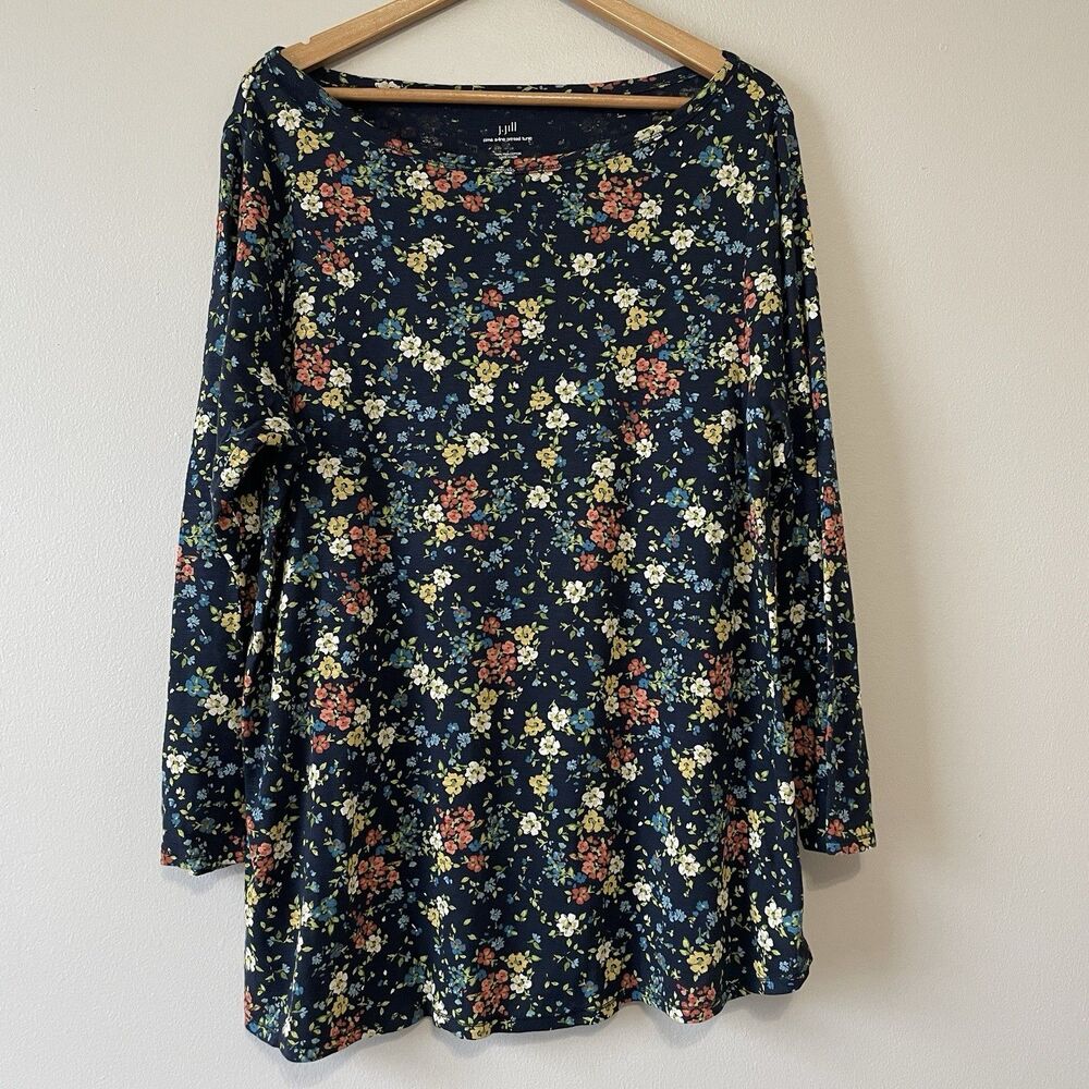 J. Jill Pima A-Line Womens Knit Tunic Top 2X Navy Blue Floral Boat Neck Office